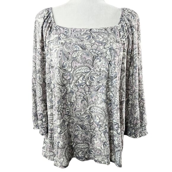 J. Jill Tops - J. Jill Cotton Modal Blend Gray Paisley Square Neck Peasant Blouse Boho PETITE